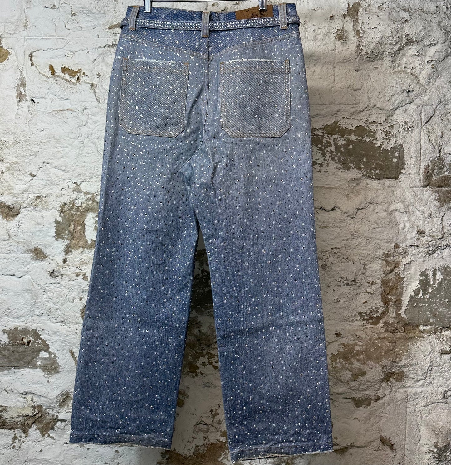 Birth Of Royal Child Printed Washed Blue Rhinestone Jeans Sz M