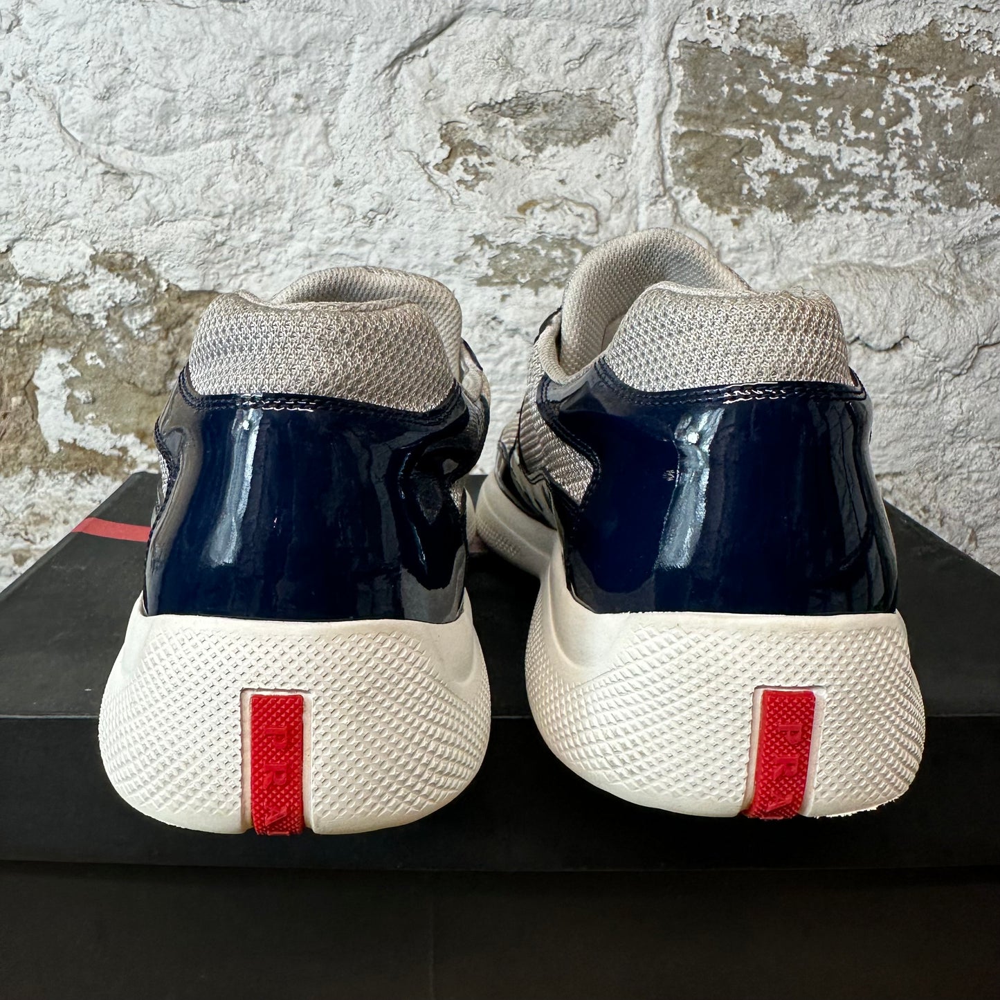 Prada Americas Cup Navy Patent Grey White Sneaker Sz 11