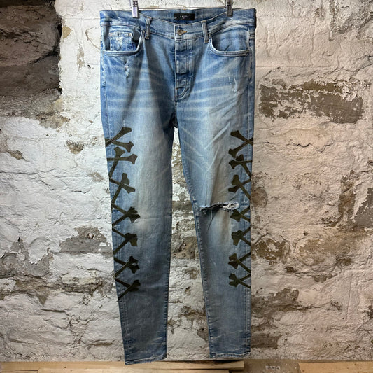 Amiri Green Camo Bones Blue Denim Jeans Sz 38