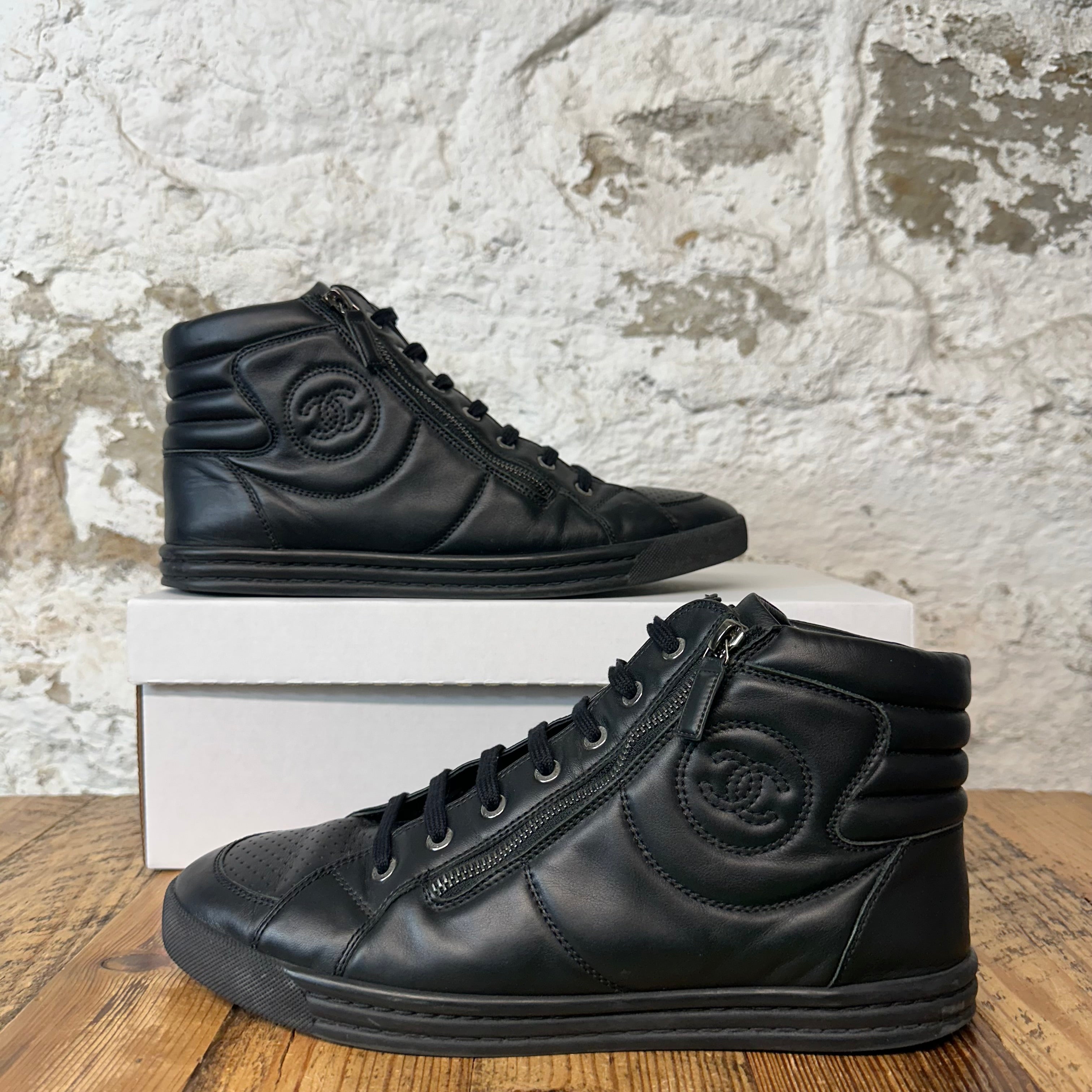 Chanel High Triple Black CC Leather Sneaker Sz 9 (42)