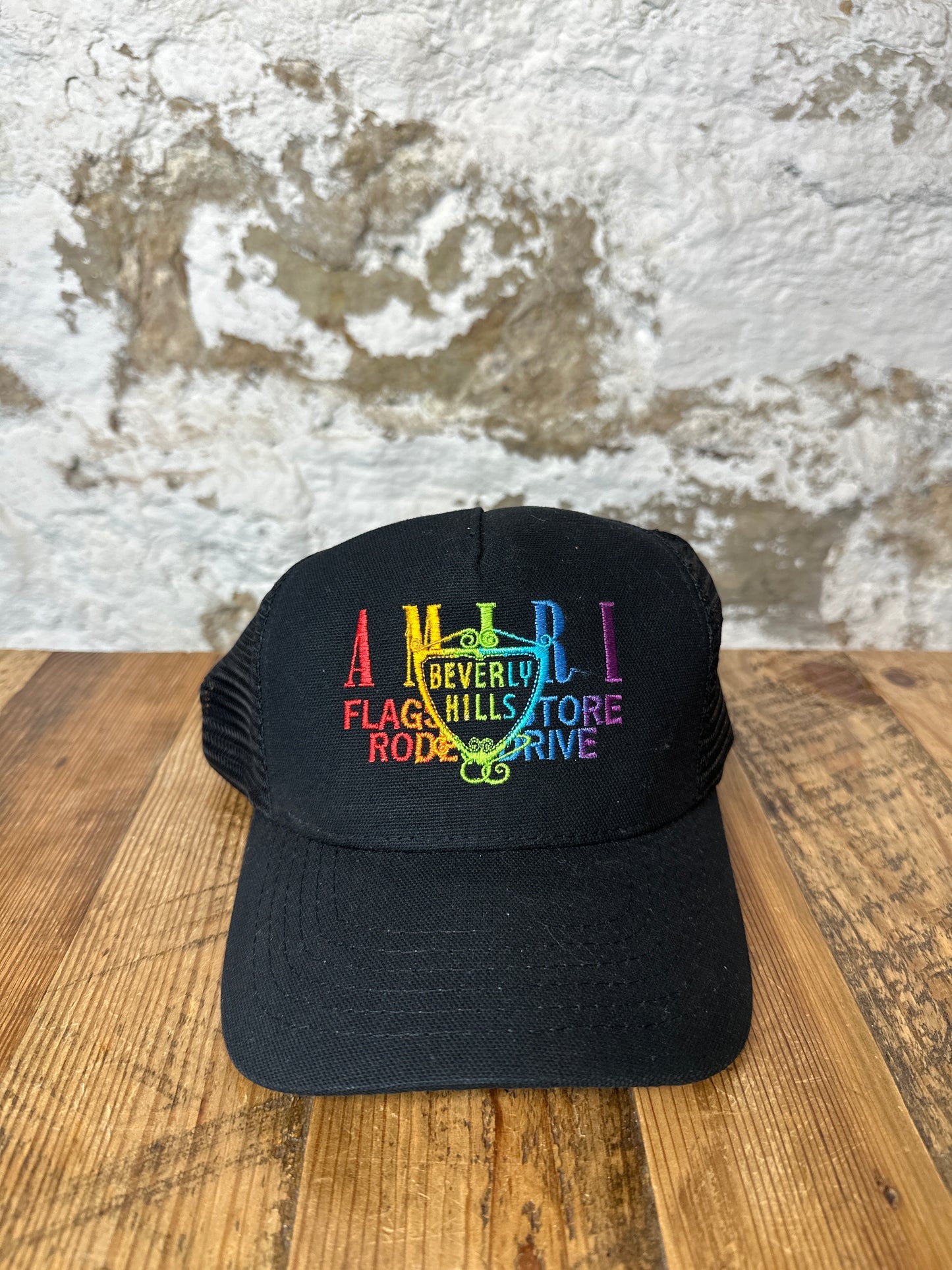 Amiri Black Rainbow Flagship Trucker Hat