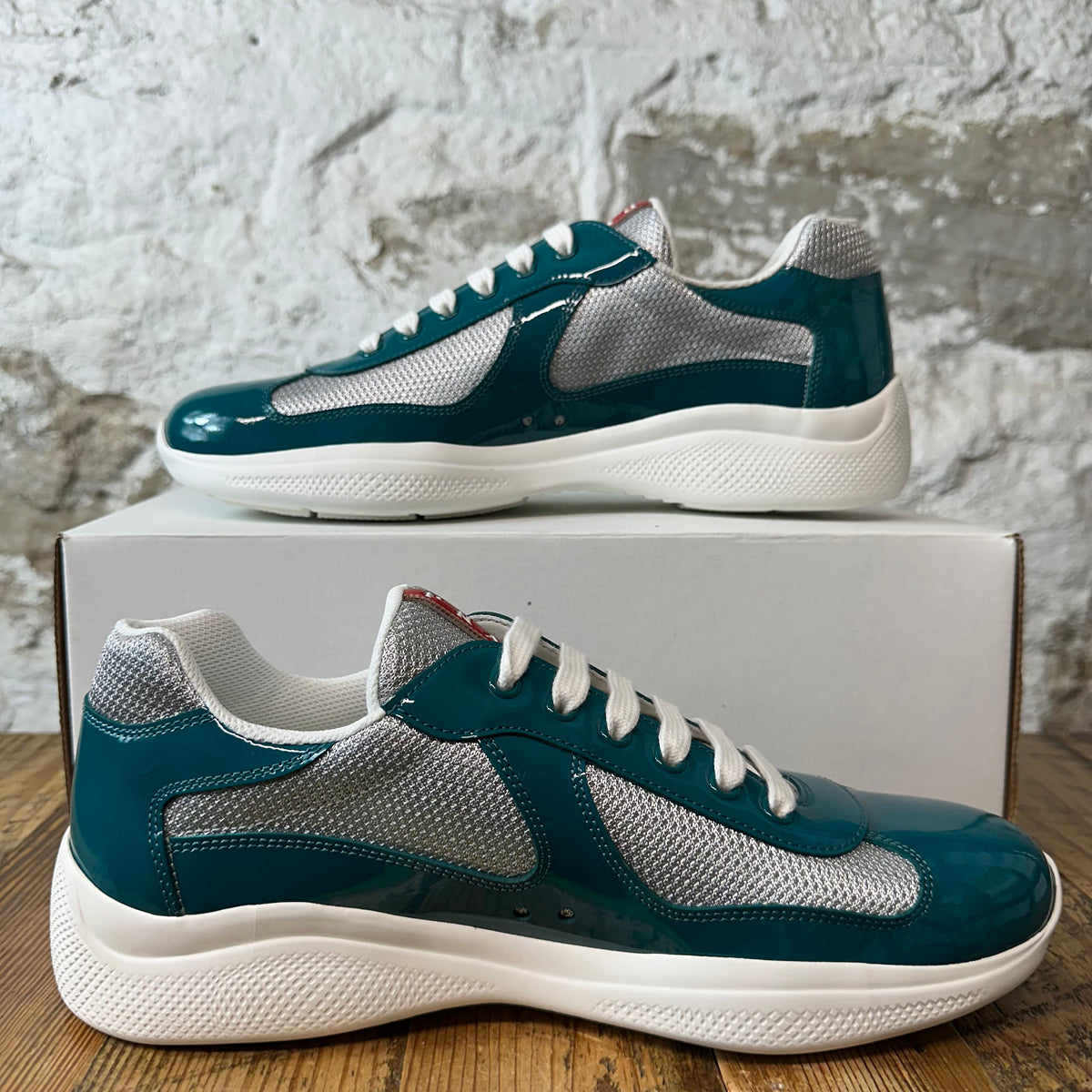 Prada Americas Cup Lagoon Patent Grey White Sneaker Sz 9 DS