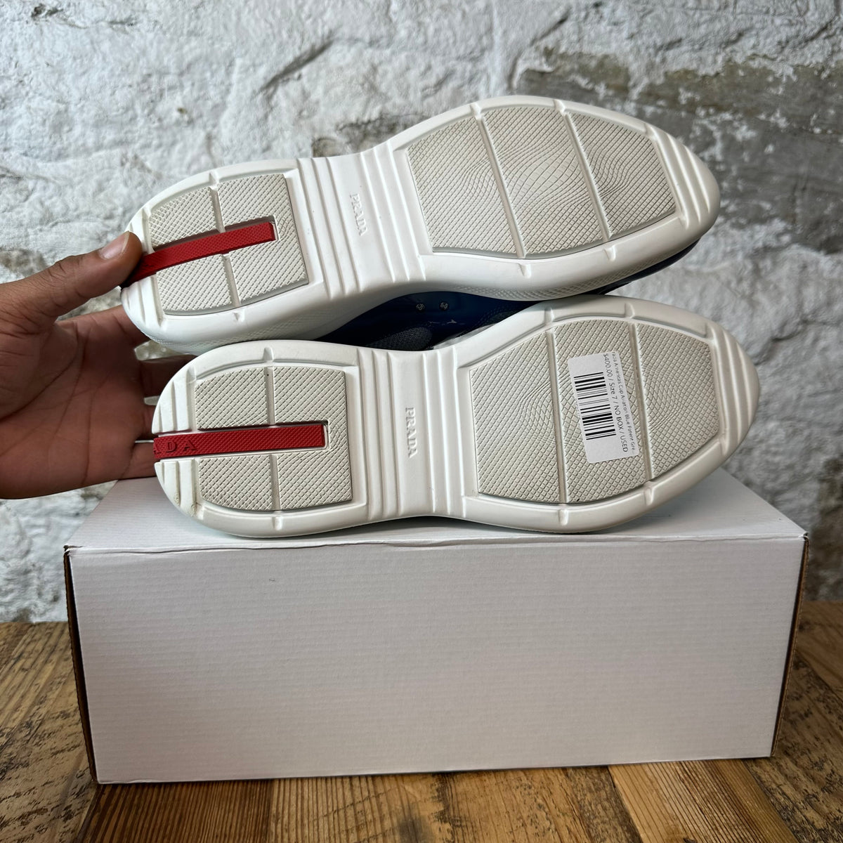 Prada Americas Cup Aviation Blue Patent Grey White Sneaker Sz 7