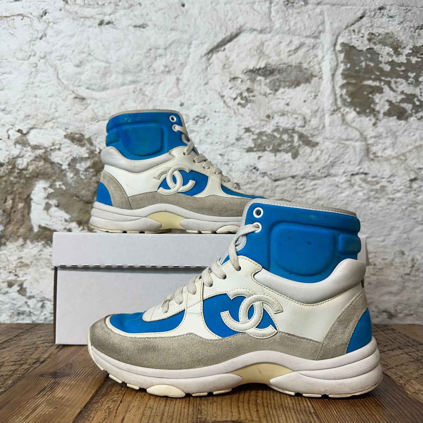 Chanel High Blue White Trainer Sneaker Sz 5.5 (37.5)