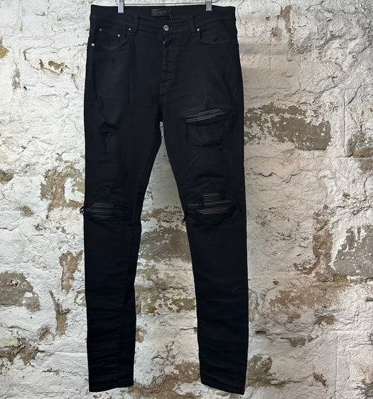 Amiri MX1 Black Leather Black Denim Jeans Sz 33