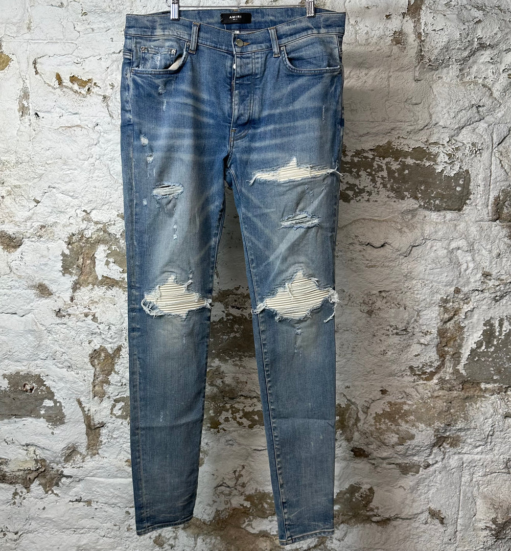Amiri MX1 Cream Suede Blue Denim Jeans Sz 34