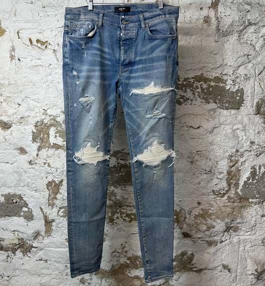 Amiri MX1 Cream Suede Blue Denim Jeans Sz 34