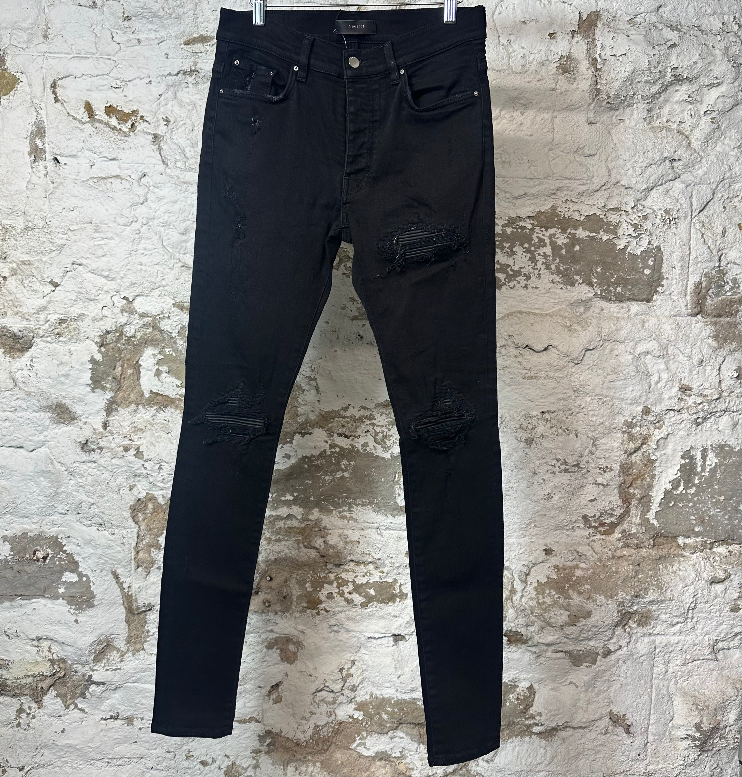 Amiri MX1 Black Leather Black Denim Jeans Sz 31