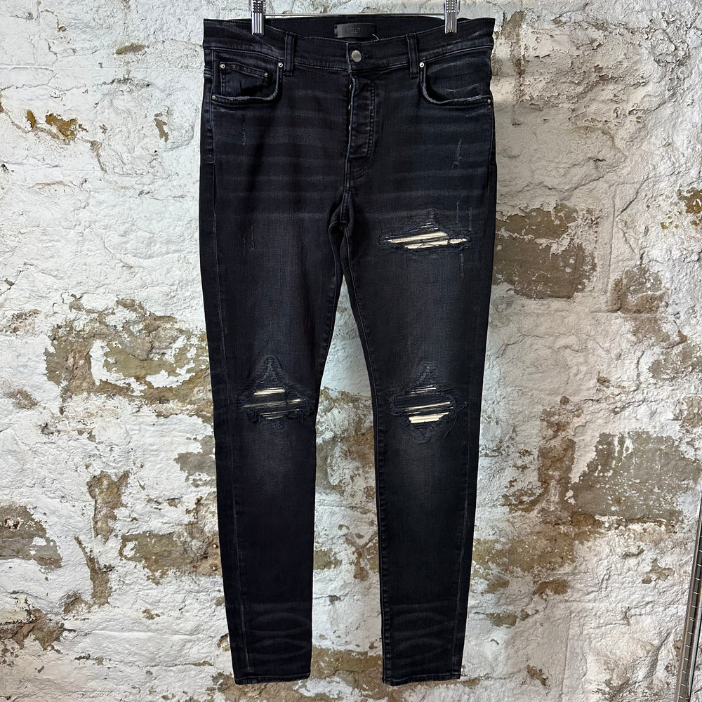 Amiri MX1 Beige Leather Black Denim Jeans Sz 33