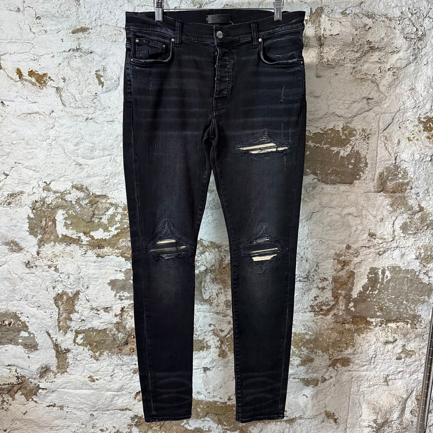 Amiri MX1 Beige Leather Black Denim Jeans Sz 33