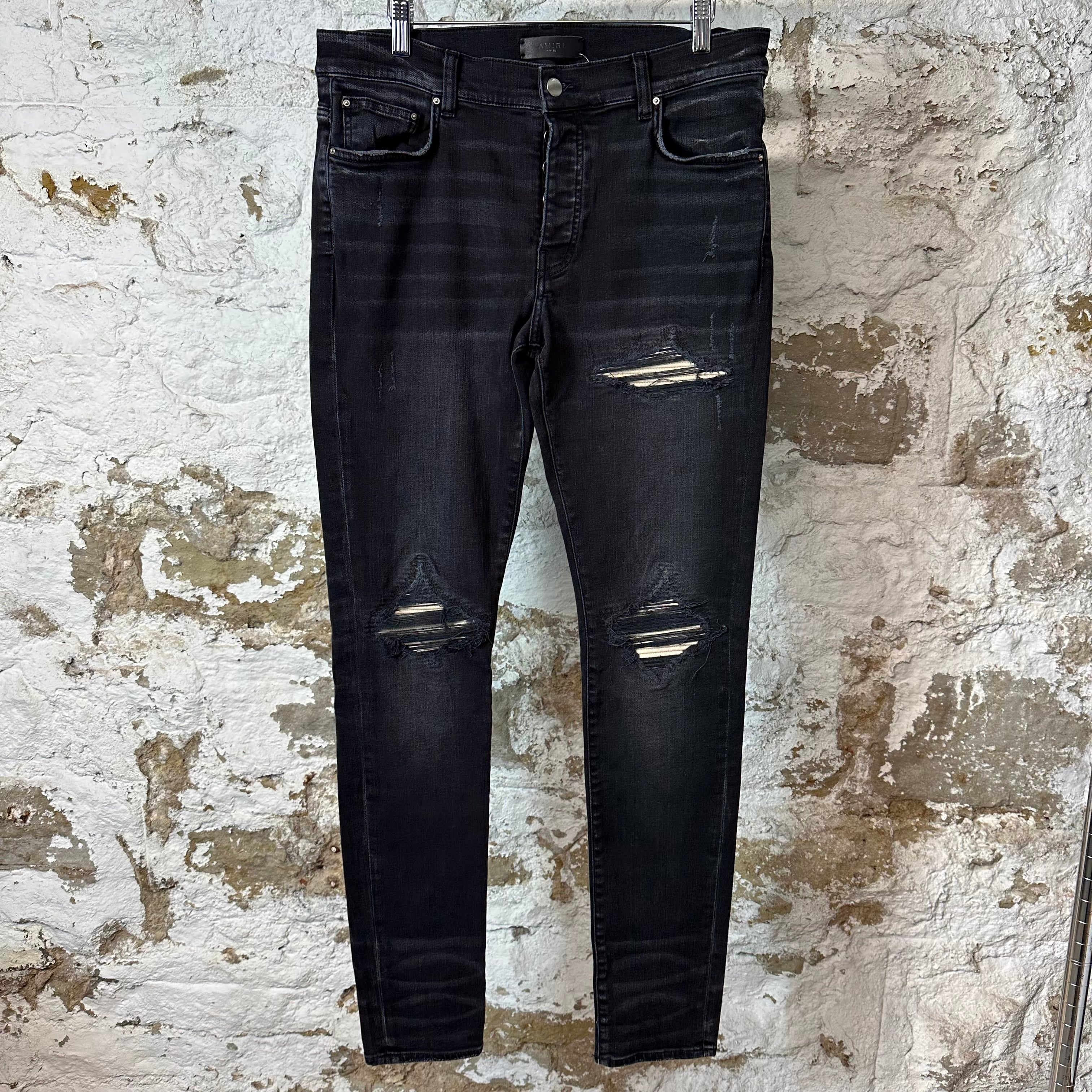 Amiri MX1 Beige Leather Black Denim Jeans Sz 33