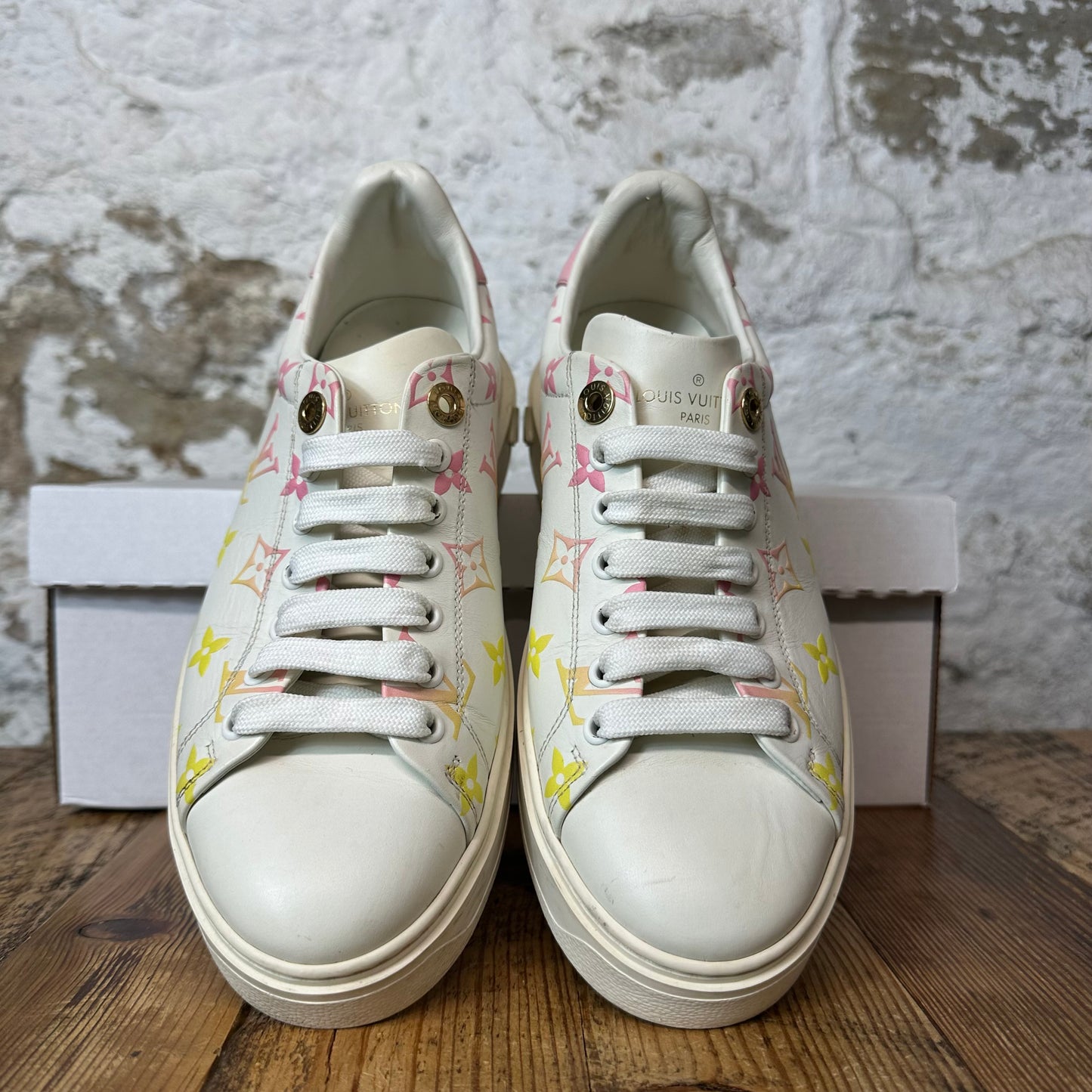 Louis Vuitton Pink Yellow Monongram Time Out White Sneaker Sz 6 (38)