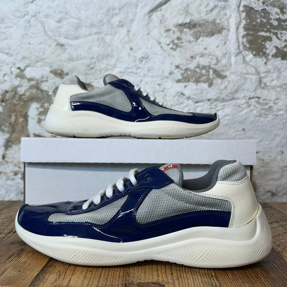 Prada Americas Cup Dark Blue Patent Grey White Sneaker Sz 7