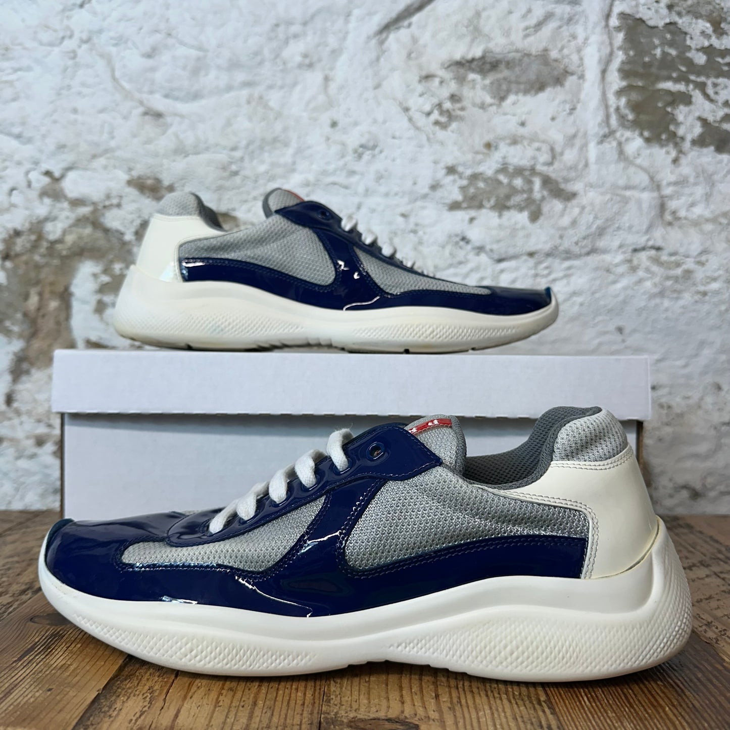 Prada Americas Cup Dark Blue Patent Grey White Sneaker Sz 7