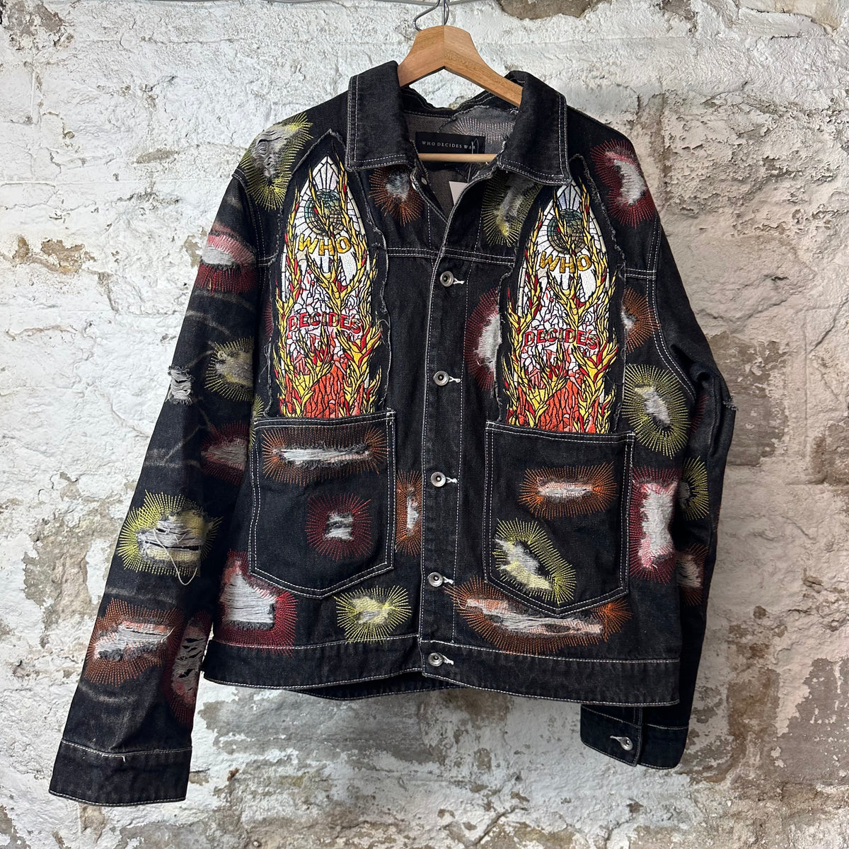 Who Decides War Embroidery Black Trucker Jacket Sz M
