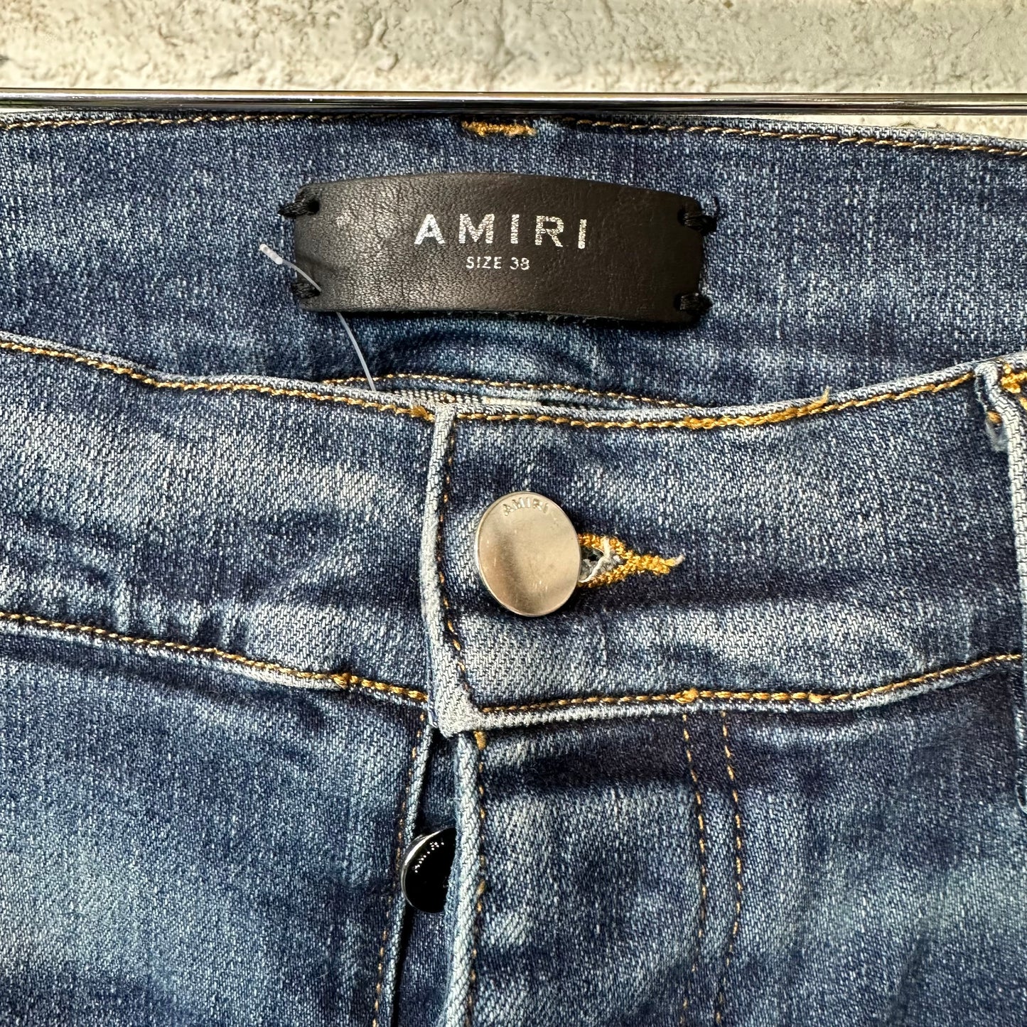 Amiri MX1 Black Leather Dark Blue Denim Jeans Sz 38