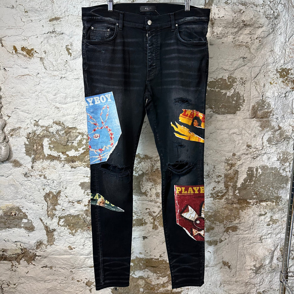 Amiri Playboy Logos Black Denim Jeans Sz 36
