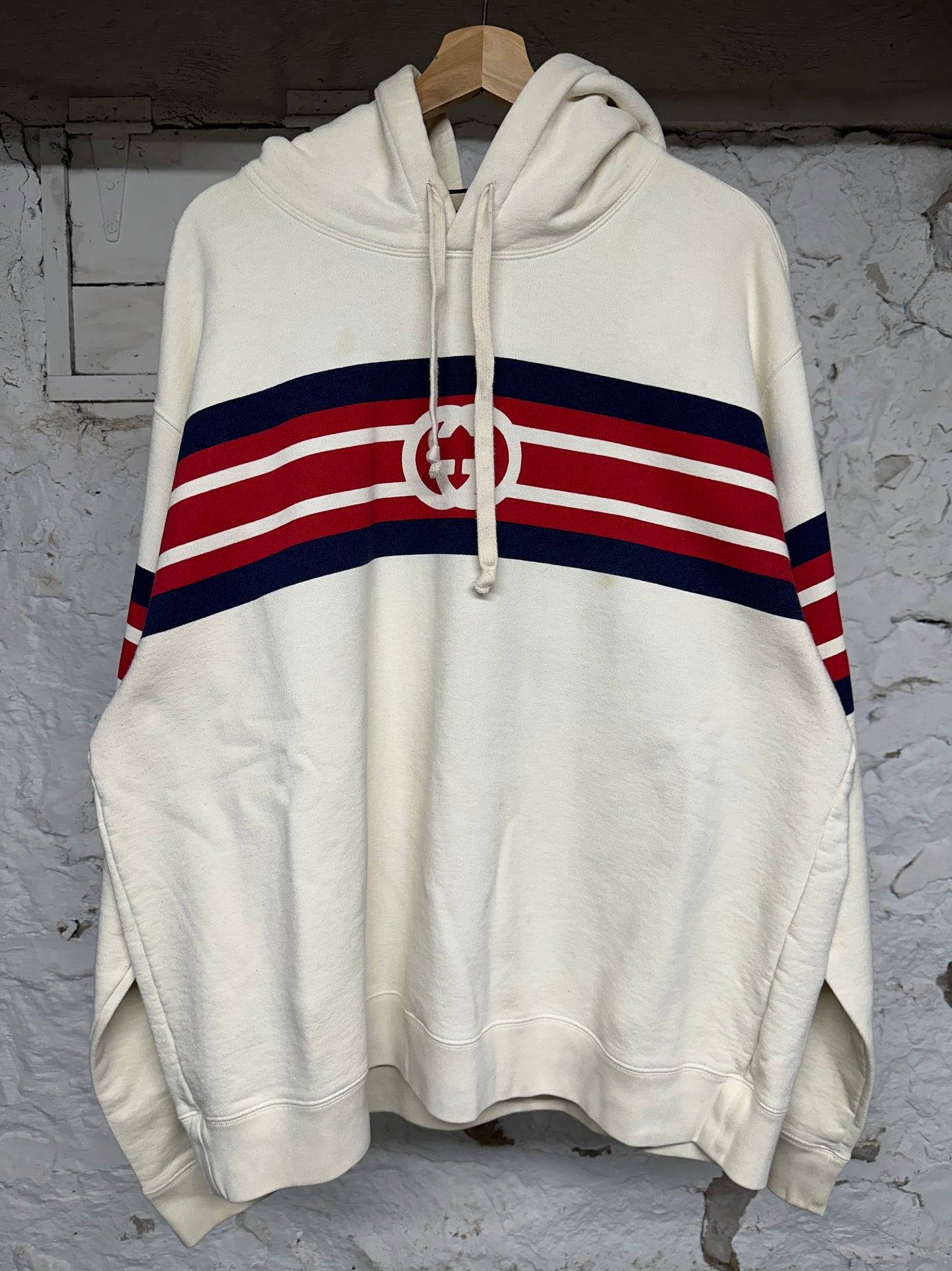 Gucci Navy Red Stripe Hoodie Cream Sz XL