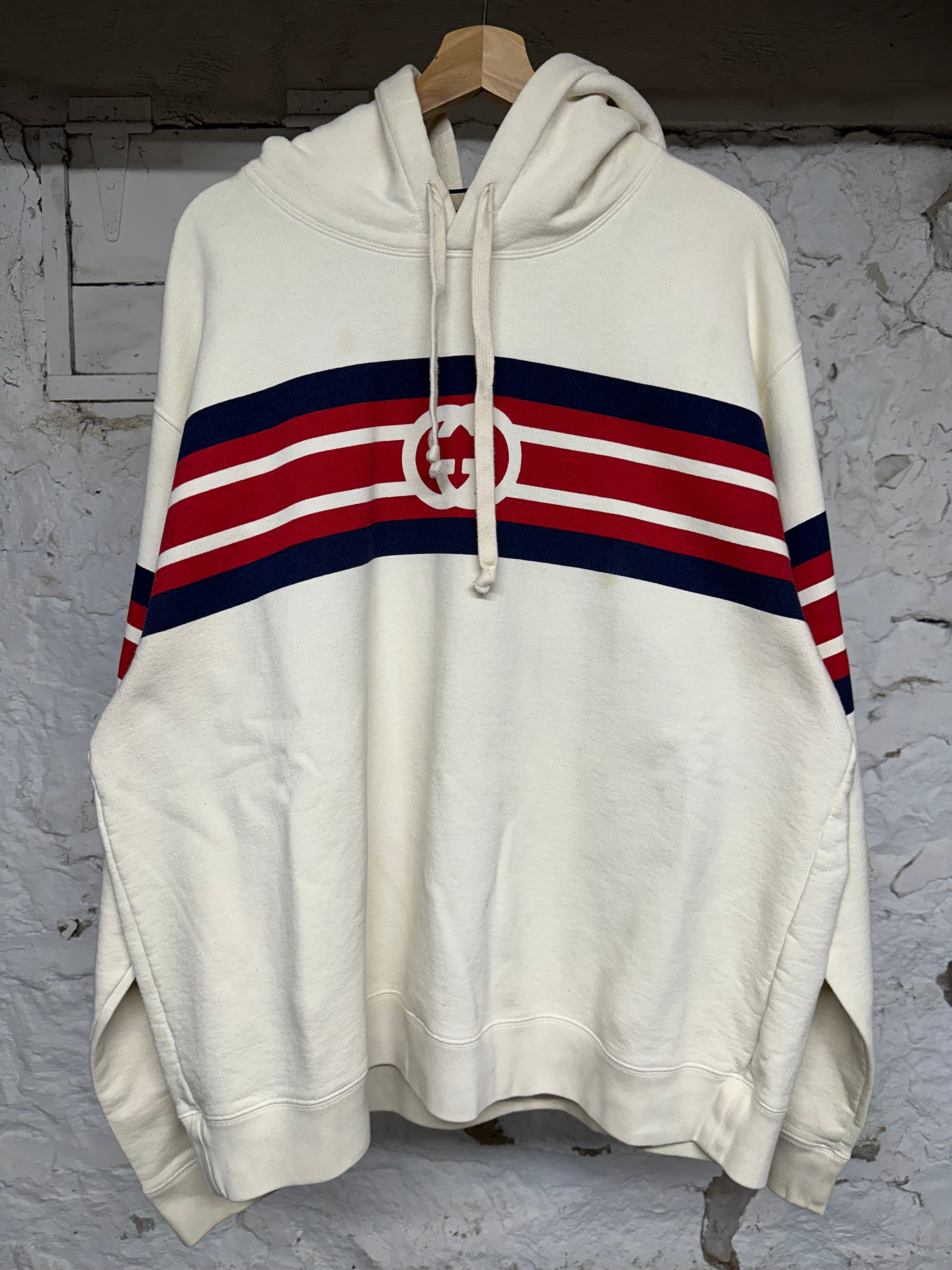 Gucci Navy Red Stripe Hoodie Cream Sz XL