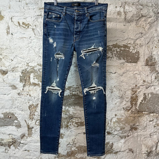 Amiri MX1 Black Leather Blue Denim Jeans Sz 34