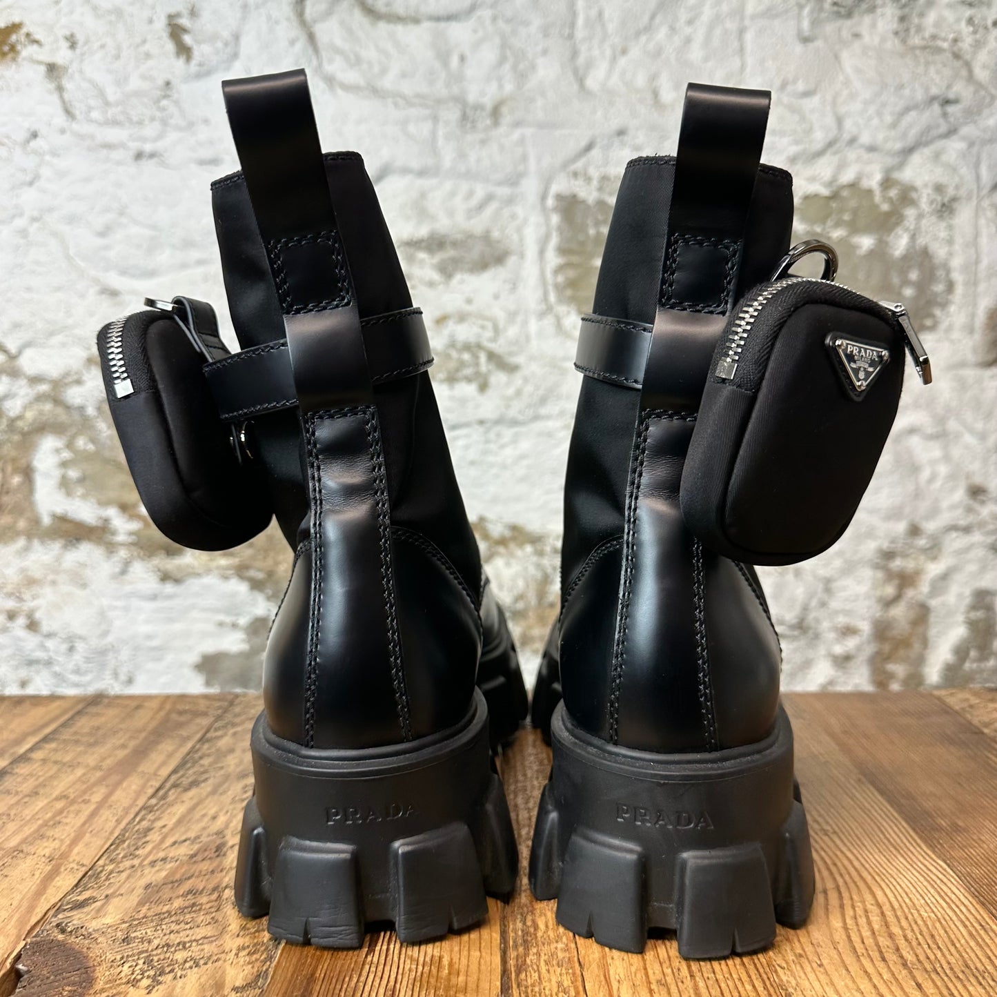 Prada Monolith Renylon Black Leather Boot Sz 9.5