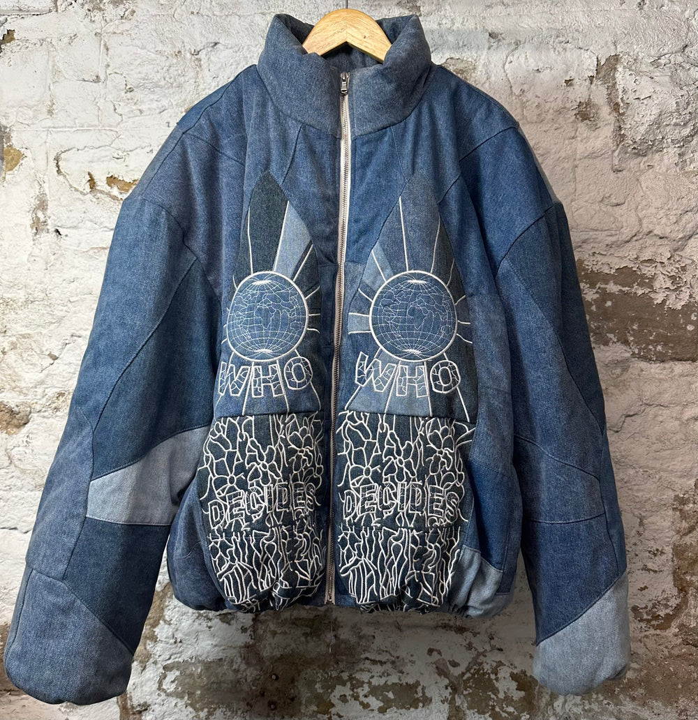Who Decides War Stained Glass Blue Denim Puffer Jacket Sz XL