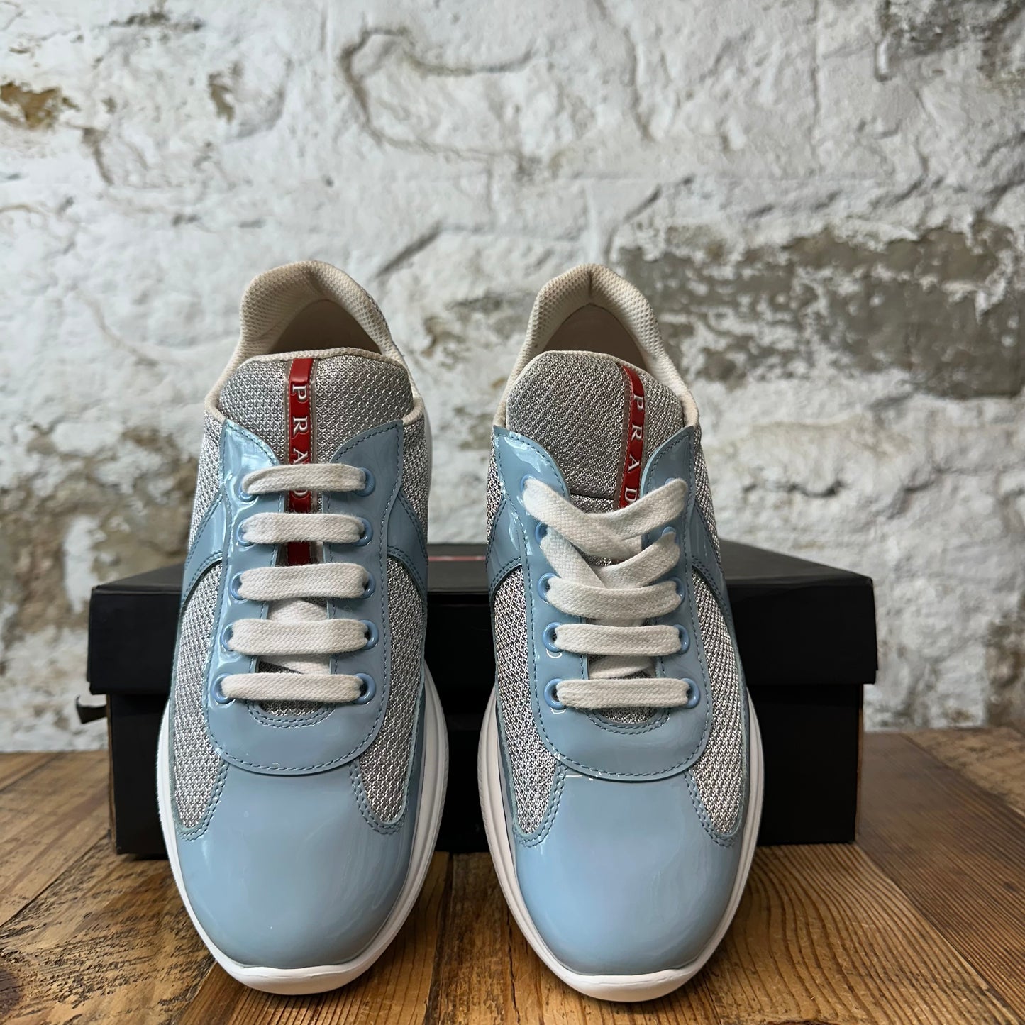 Prada Americas Cup Celeste Patent Grey White Sneaker Sz 5.5 (37.5)
