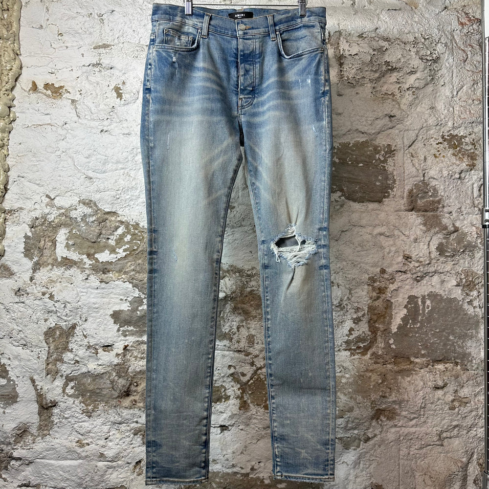 Amiri Knee Hole Plain Blue Denim Jeans Sz 34