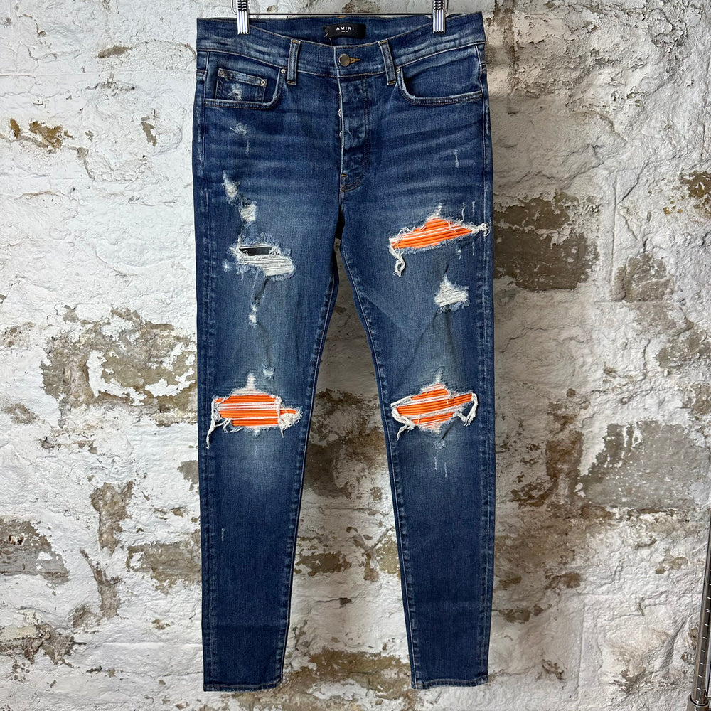 Amiri MX1 Orange Suede Dark Blue Denim Jeans Sz 33