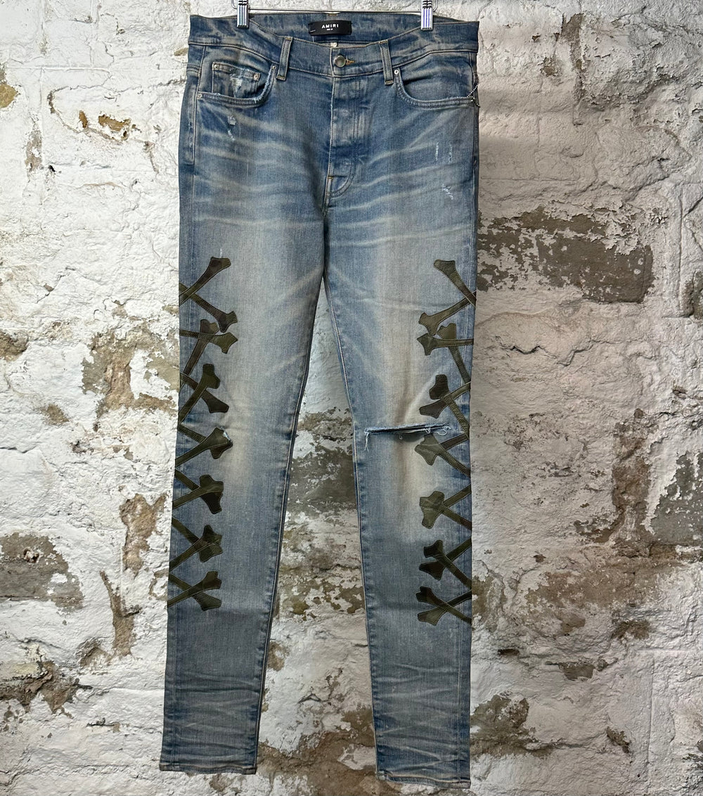 Amiri Green Camo Bones Blue Denim Jeans Sz 34