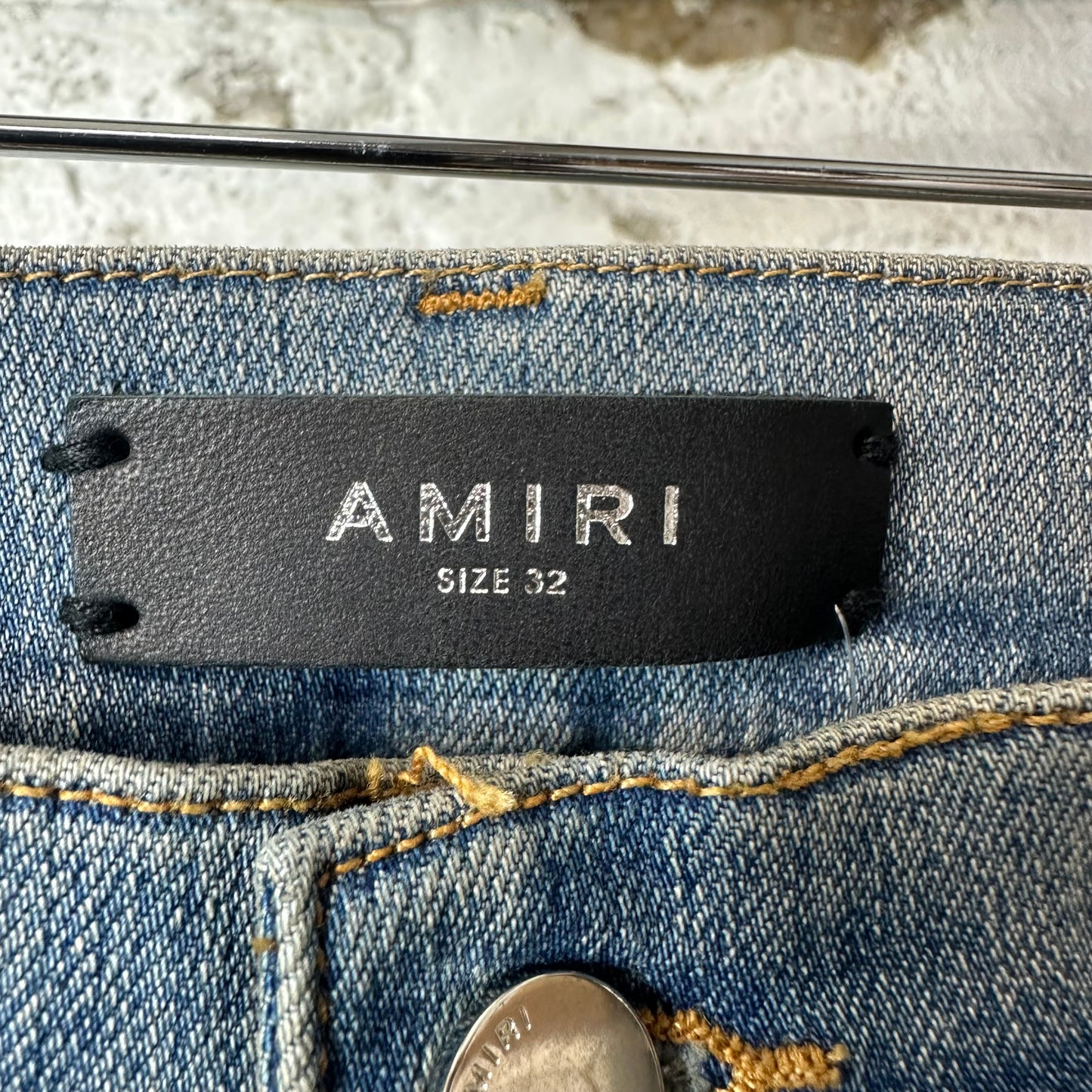 Amiri MX1 Orange Art Patch Blue Denim Jeans Sz 32