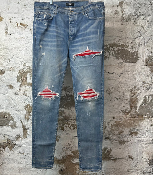 Amiri MX1 Red Suede Blue Denim Jeans Sz 40