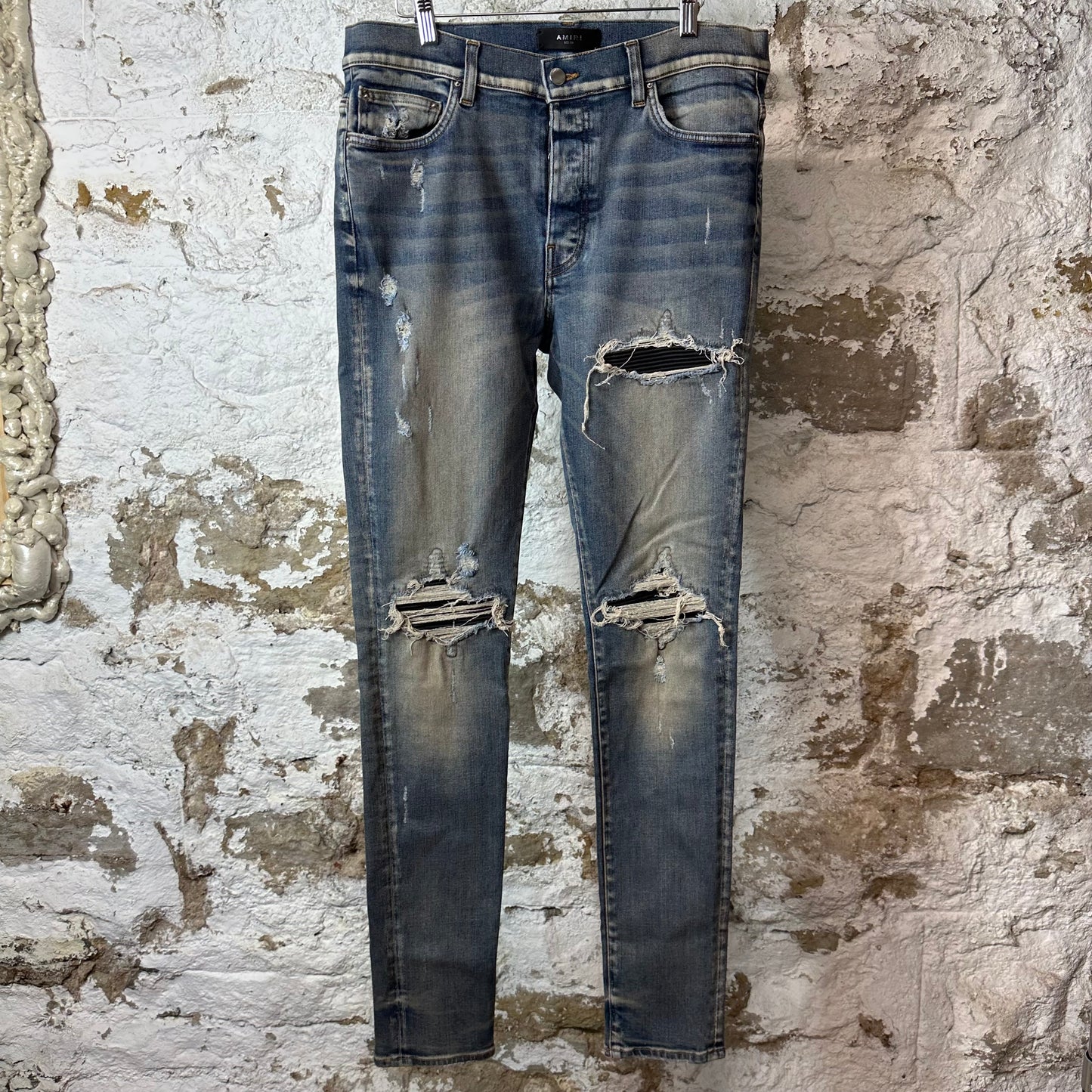 Amiri MX1 Black Leather Dirty Blue Denim Jeans Sz 34