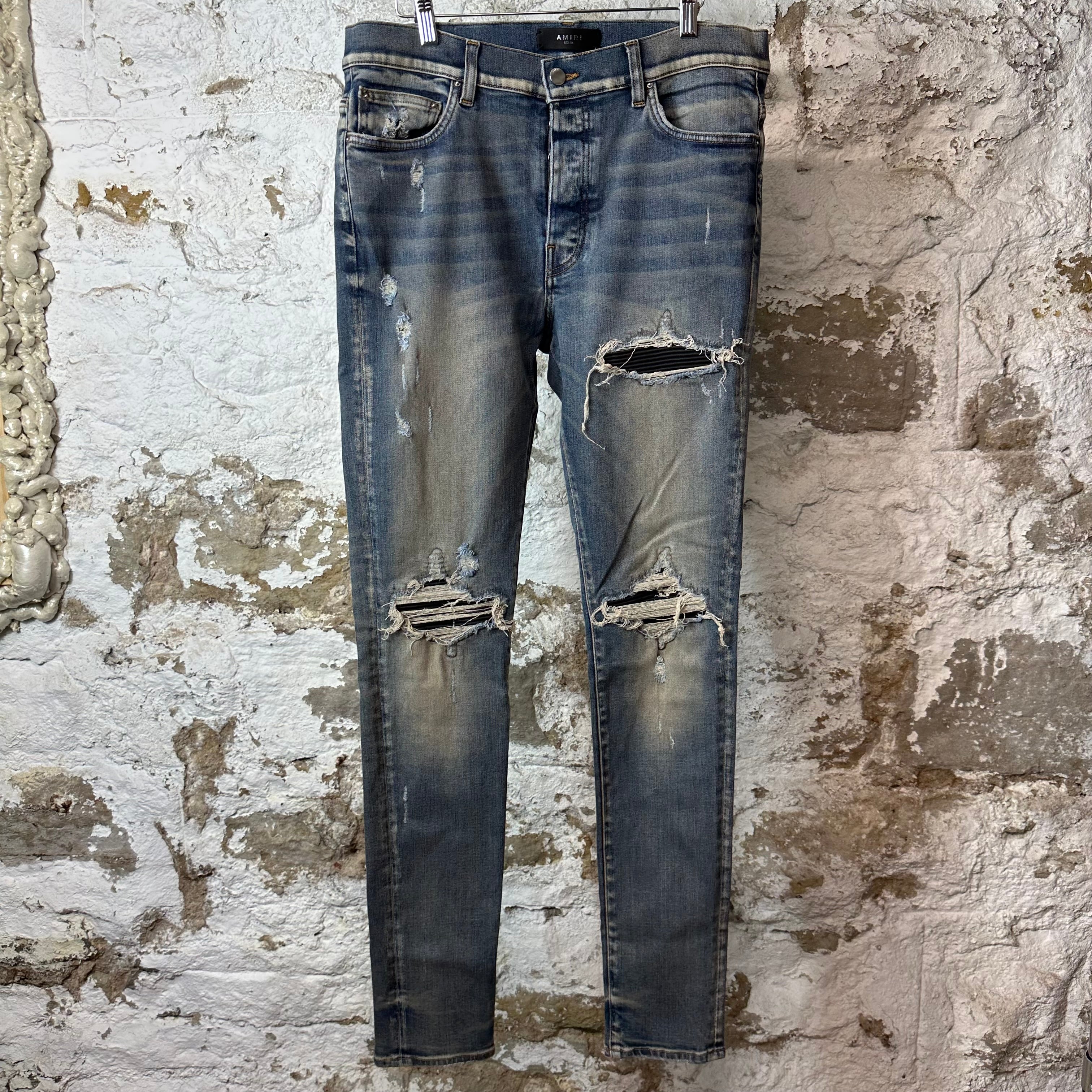 Amiri MX1 Black Leather Dirty Blue Denim Jeans Sz 34