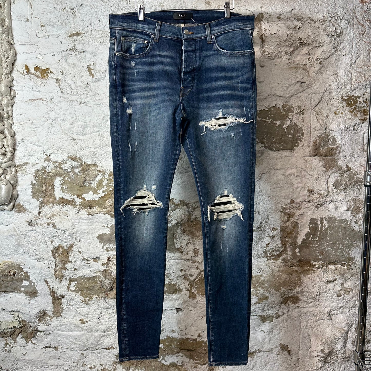 Amiri MX1 Black Leather Dark Blue Denim Jeans Sz 36