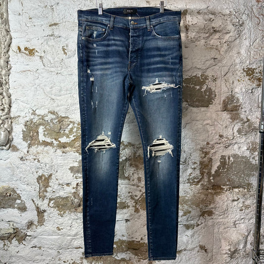 Amiri MX1 Black Leather Dark Blue Denim Jeans Sz 36