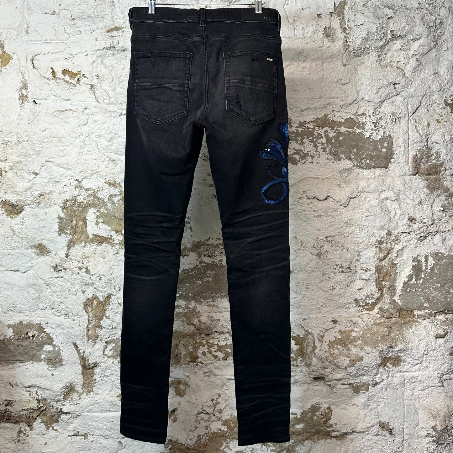Amiri Blue Cobra Distressed Black Denim Jeans Sz 32