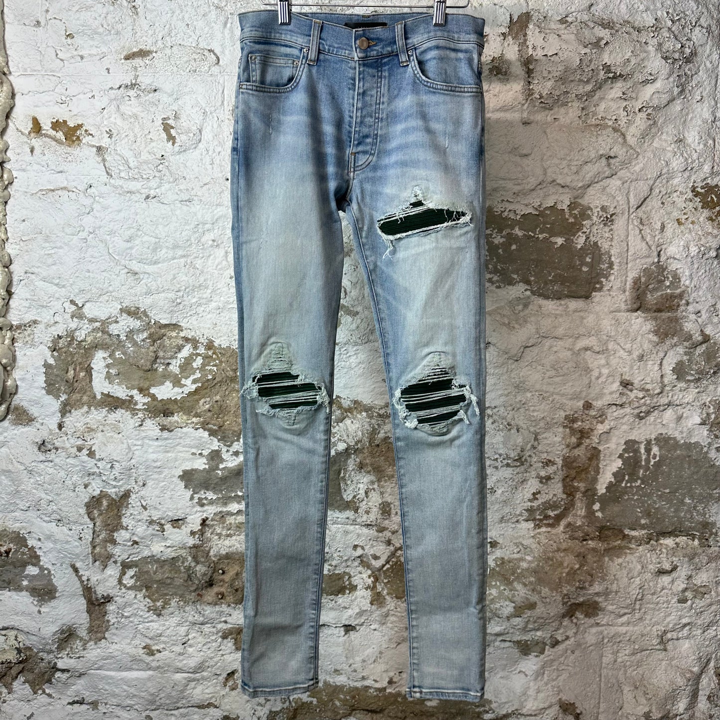 Amiri MX1 Green Suede Blue Denim Jeans Sz 28