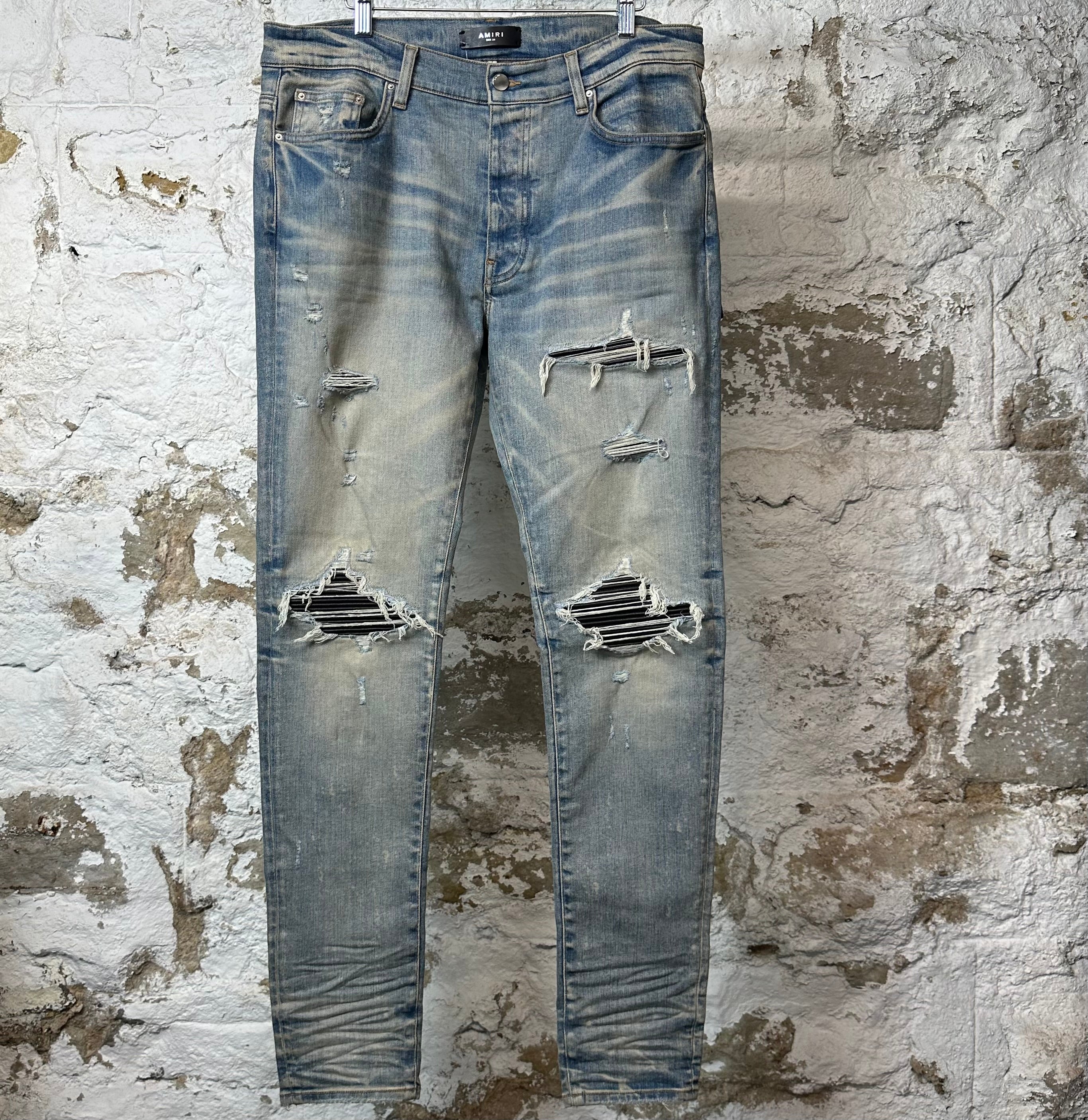 Amiri MX1 Black Leather Blue Denim Jeans Sz 34