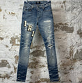 Amiri Varsity Patch Distressed Blue Denim Jeans Sz 28