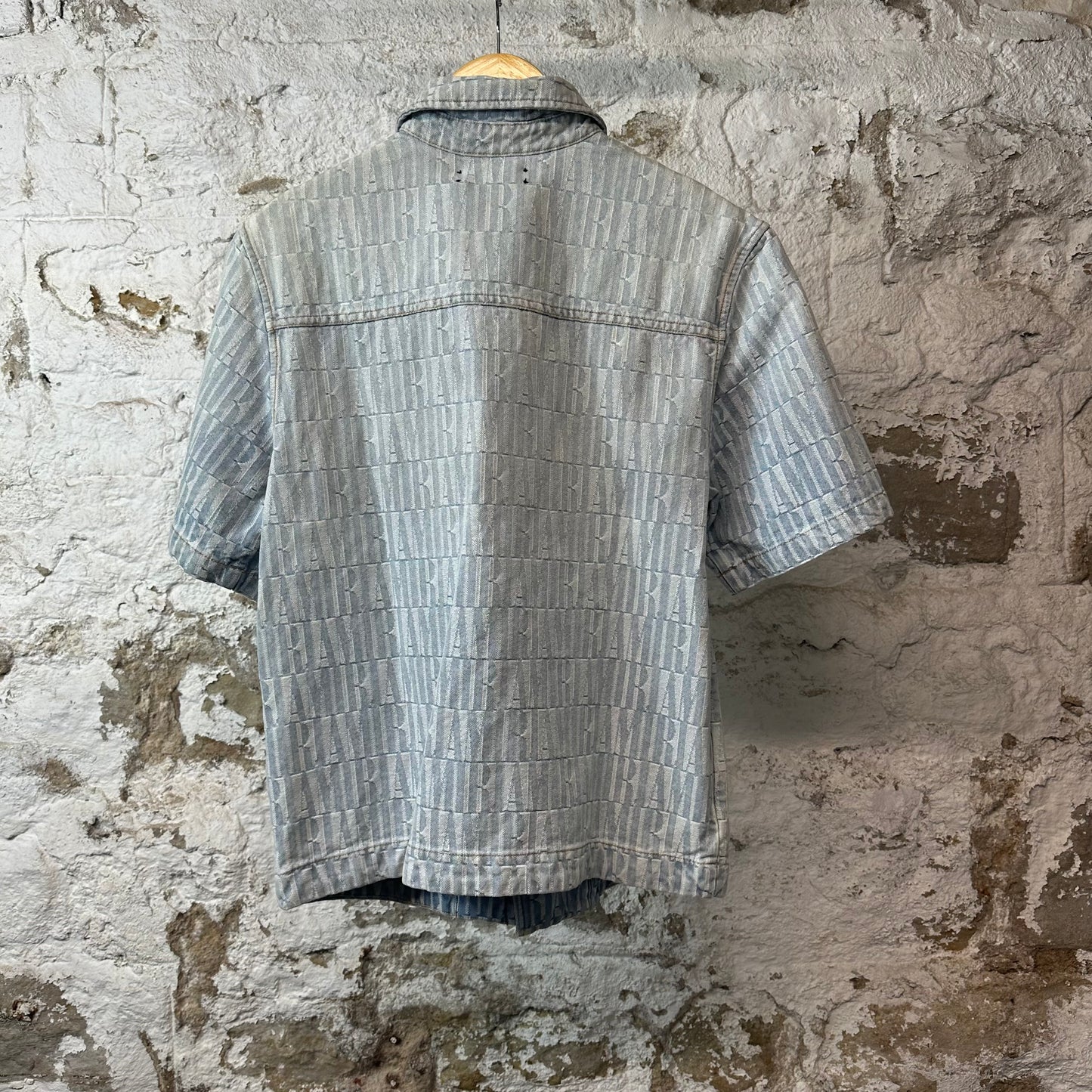 Amiri AOP Spellout Blue Denim Button Up Shirt Sz S