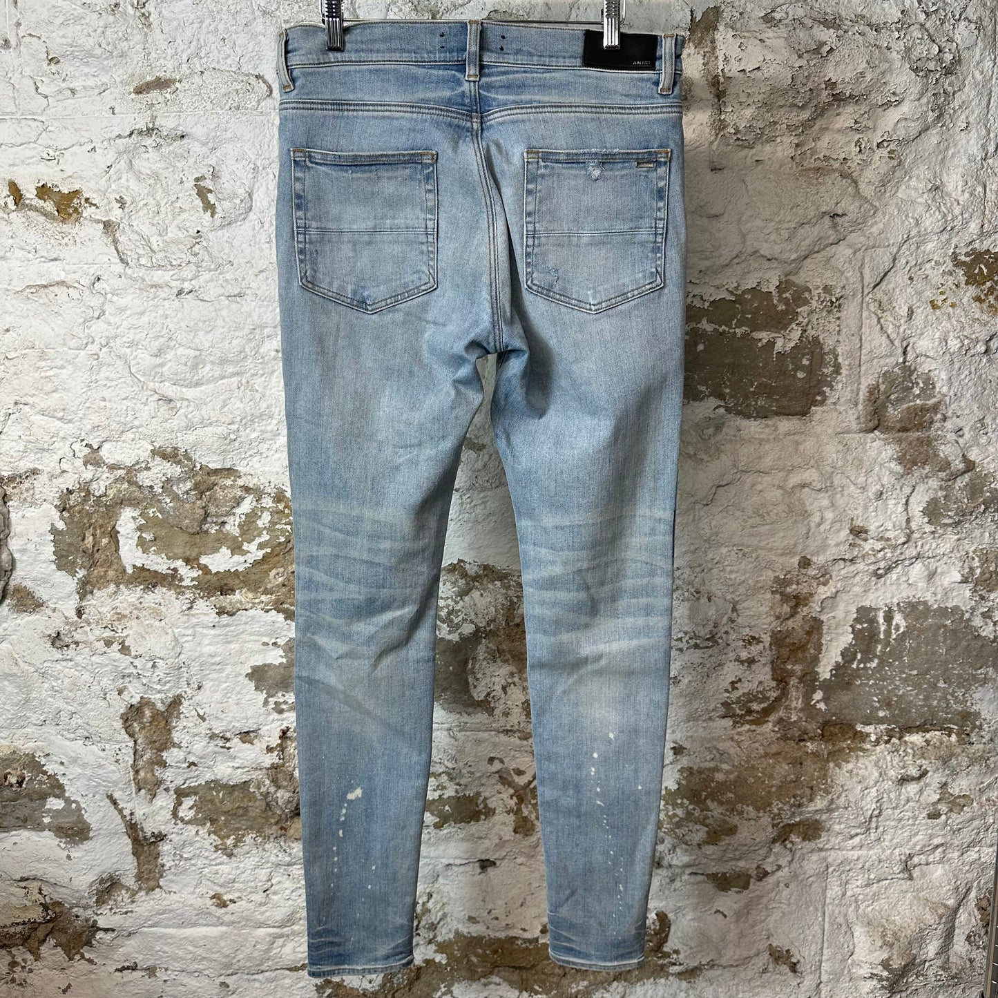 Amiri Knee Rip Paint Drip Spell Blue Denim Jeans Sz 33