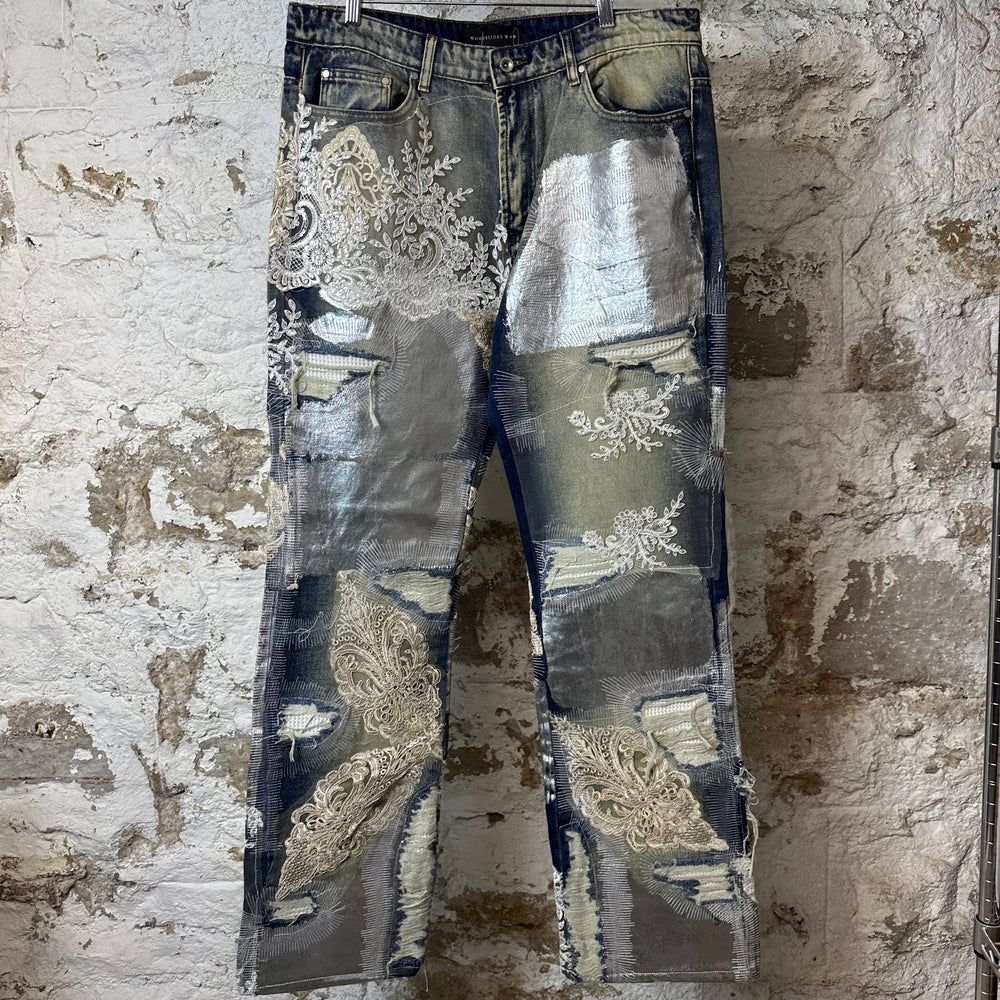 Who Decides War Metal Lace Embellished Blue Denim Jeans Sz 36
