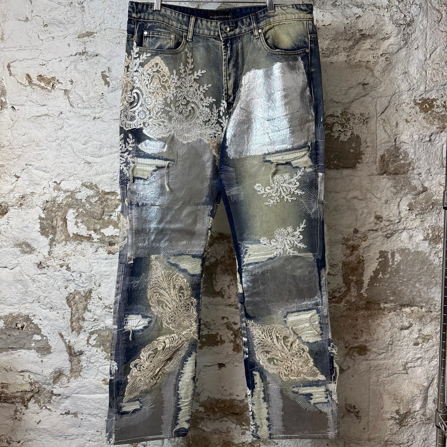Who Decides War Metal Lace Embellished Blue Denim Jeans Sz 36