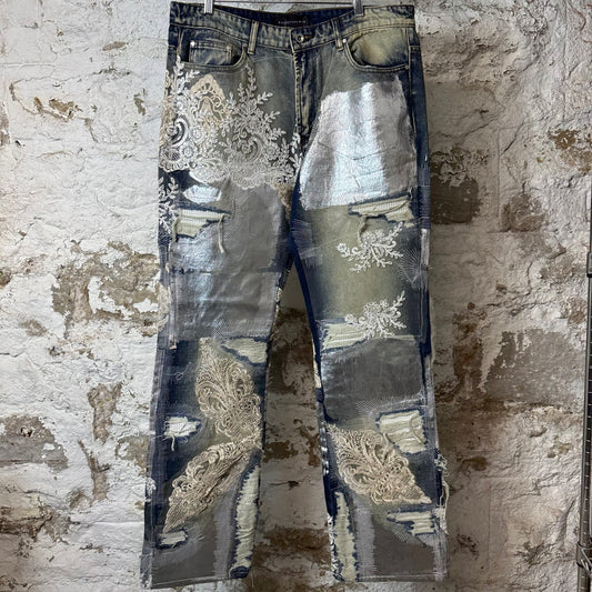 Who Decides War Metal Lace Embellished Blue Denim Jeans Sz 36