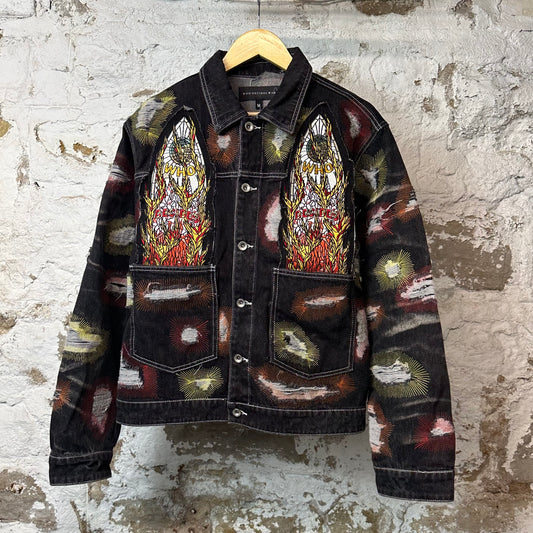 Who Decides War Embroidered Stained Glass Trucker Jacket Black Sz M