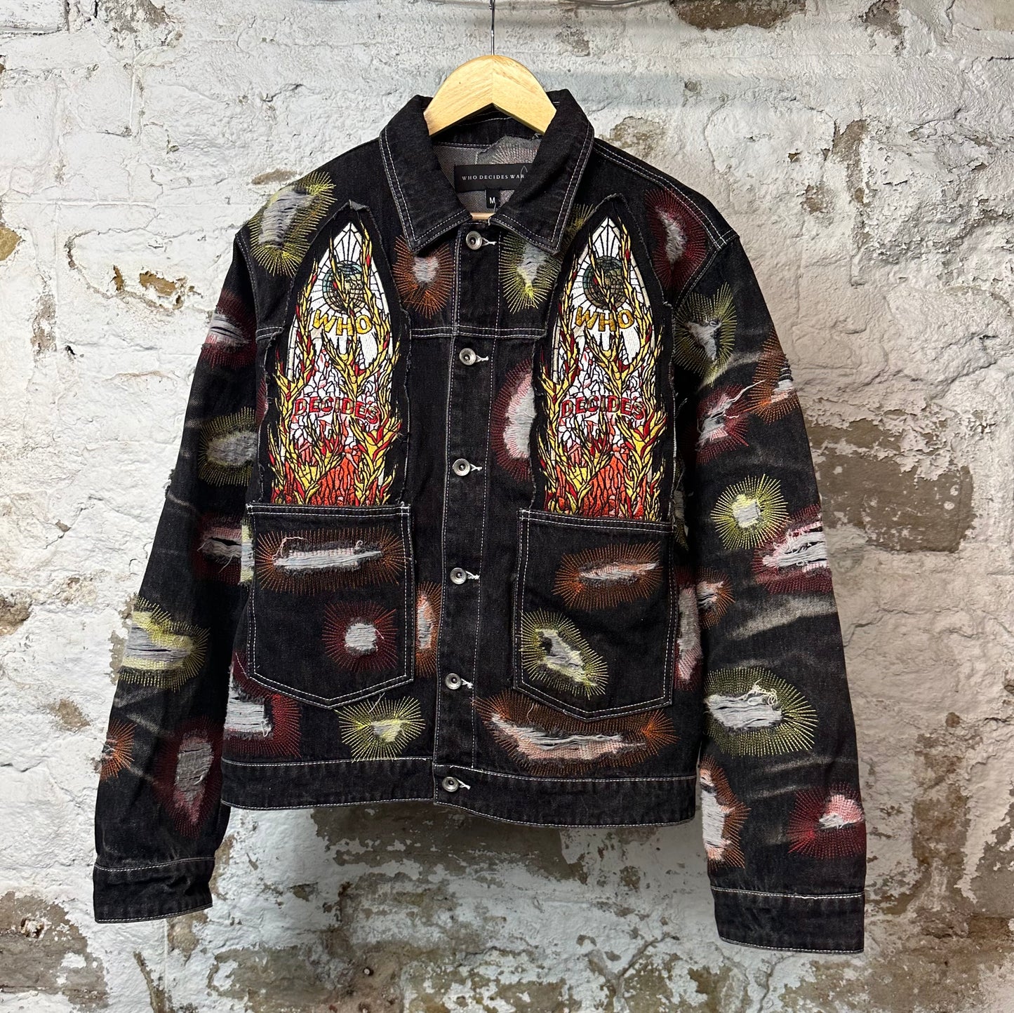 Who Decides War Embroidered Stained Glass Trucker Jacket Black Sz M