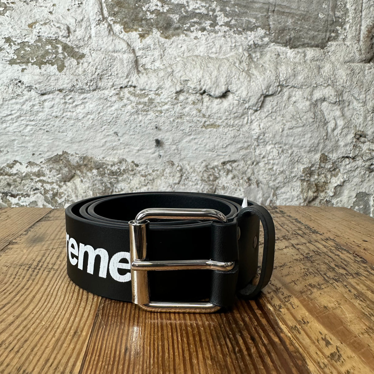 Supreme Repeat Logo Black Leather Belt Sz S
