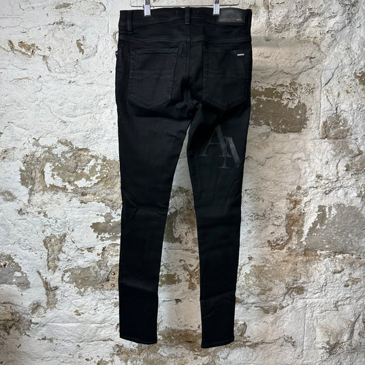 Amiri Black Leather Stagger Black Waxed Denim Jeans Sz 28