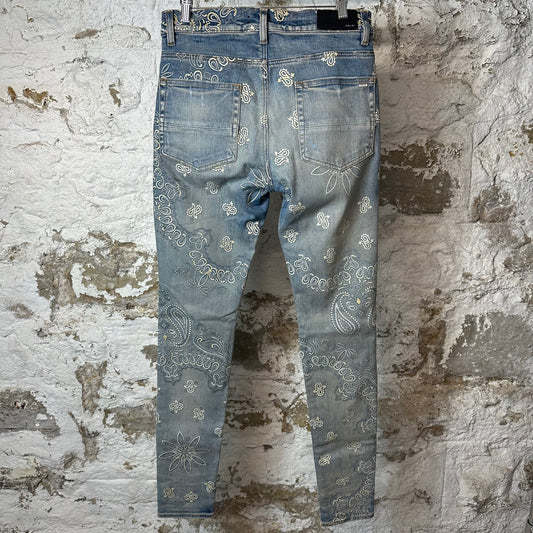 Amiri Knee Rip White Paisley Print Blue Denim Jeans Sz 31